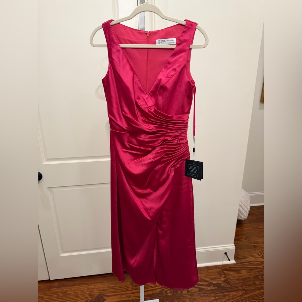 MAC DUGGAL 26625 SATIN RUCHED V-NECK FAUX WRAP LIPSTICK PINK MIDI DRESS sz 4 - Picture 8 of 11